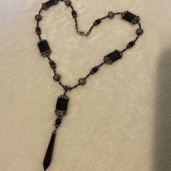 16” SilverTone( Stainless Steel) And Black Beaded Necklace With Onyx Pendant 