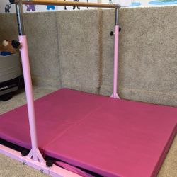 Pink Gymnastics Bar for Kid s Ages 3-12 - Steel Construction,  3' to 5' Adjustable Height  With  Double mat