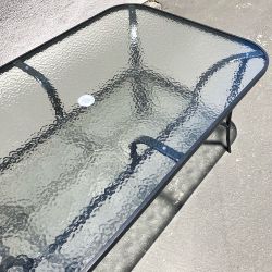 New in Box $70 Large Outdoor Patio Metal Table 59x36x28 Inches Tempered Glass w/ Umbrella Hole