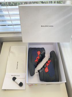 Authentic BALENCIAGA Women Sneakers mid top leather black mesh blue Size 5.5(36)