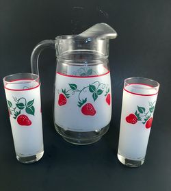 VTG FROSTED GLASS JUICE PITCHER & GLASSES SET BY TELEFLORA FRANCE 1983- HOLDS 3 QUARTS