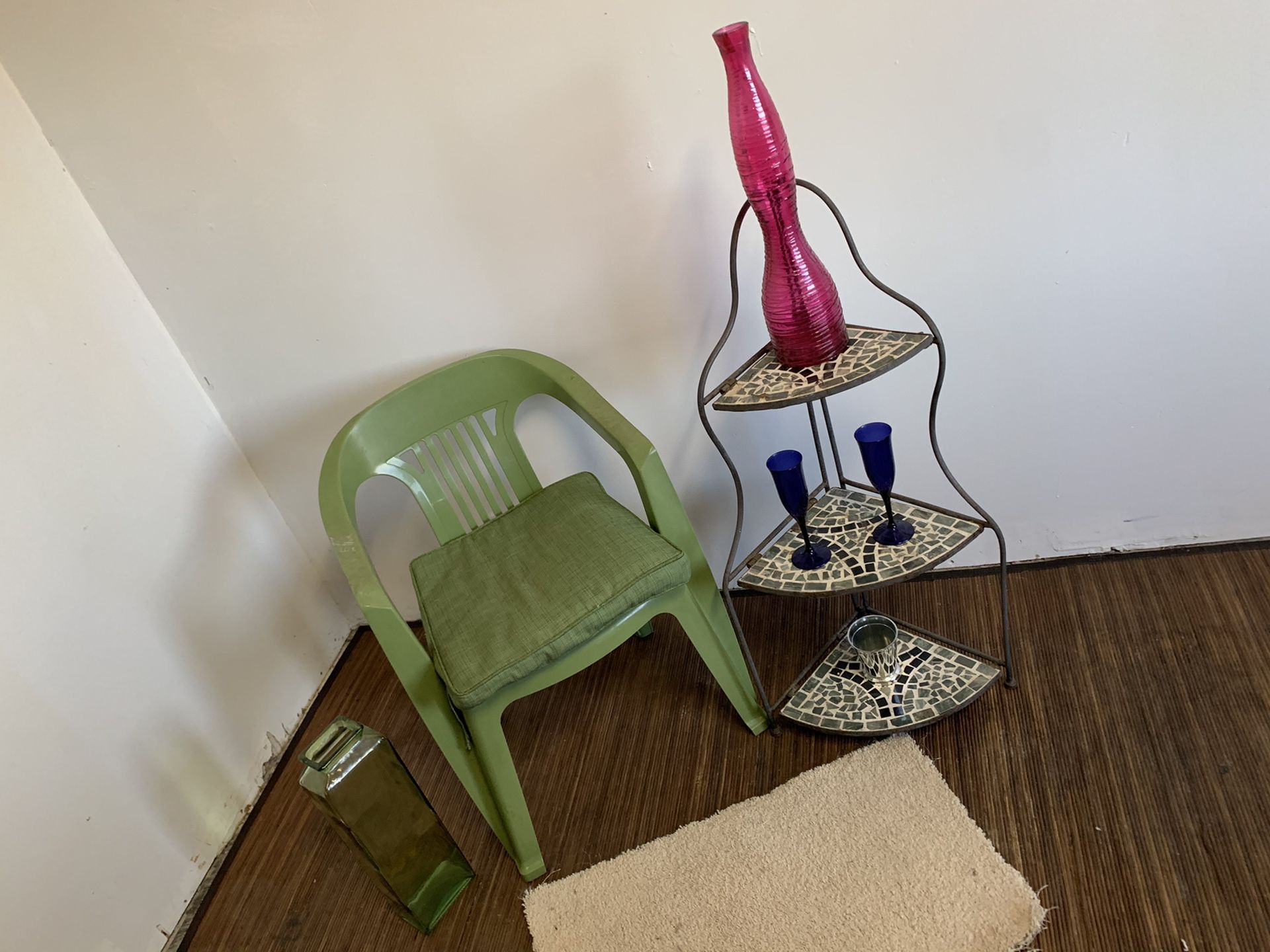 Chair and side shelf $15. Glass and decoration isn’t included. Chair, outdoor chairs, indoor chairs. House furniture. Outdoor furniture, decorative f