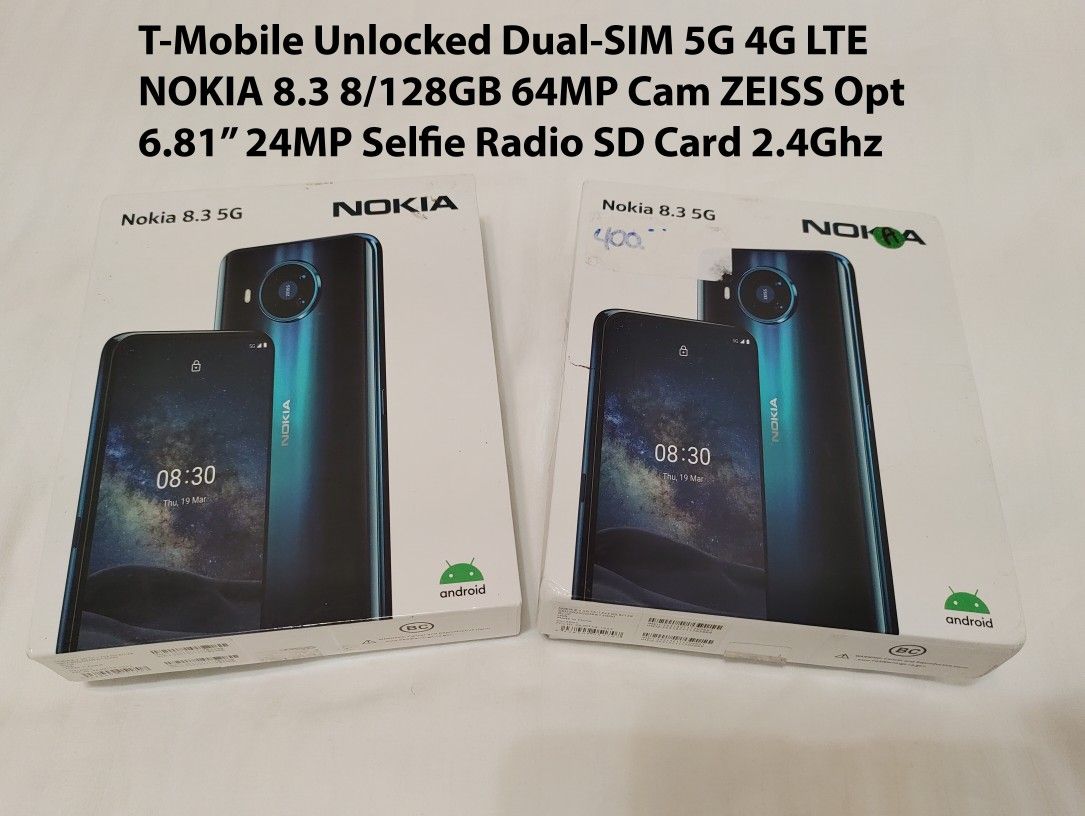 T Mobile NOKIA 8.3 5G Dual SIMs Unlocked 6.8" Radio Worldwide 5G 4G LTE 64mp Cam 24mp SelfiCam Zeiss Optics 2.4ghz Cpu 8 Core