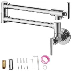 VEVOR Pot Filler Faucet, Solid Brass Commercial Wall Mount Kitchen Stove Faucet with Gold Brushed Finish, Folding Restaurant Sink Faucet with Double J