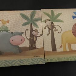 Sapna Animals Canvas Prints Set Of 2 Monkey Lion Bird Hippo and turtle Nursery Decor
