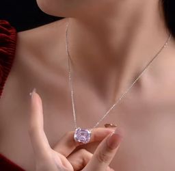 14x16 Emerald Cut Pink Cubic Zirconia Silver Pendant Necklace 