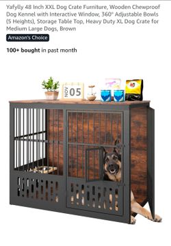 Large Dog Crate Wood/Metal Furniture - Yafylly 48" XXL - 2 doors +  rotating food/water bowl panel