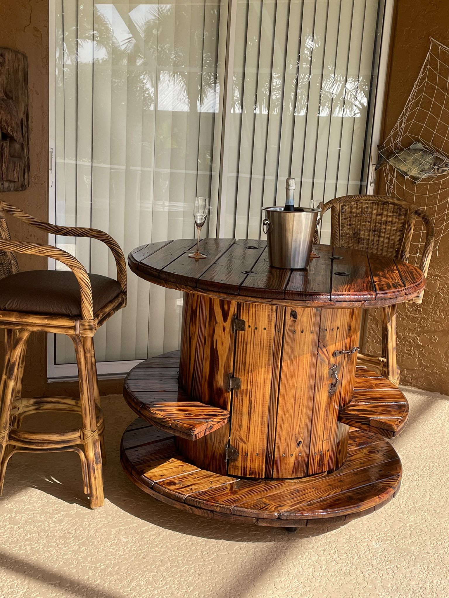 Table and Bar on Wheels with 2 swivel back Pub Chairs Indoor/Outdoor Refinished Farmhouse Style