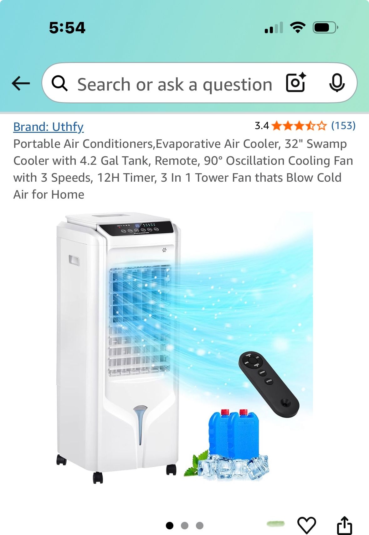 Portable Air Cooler 32” w/4.2 Gallon Tank & Remote