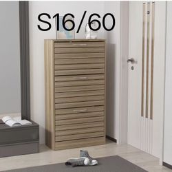 S16🔥3-Drawer Shoe Storage Cabinet with Louver Doors, 3-Tier Wood Shoe Rack Storage Organizer for Entryway, Brown (22.4”L x 9.4”W x 42.3”H)$60
