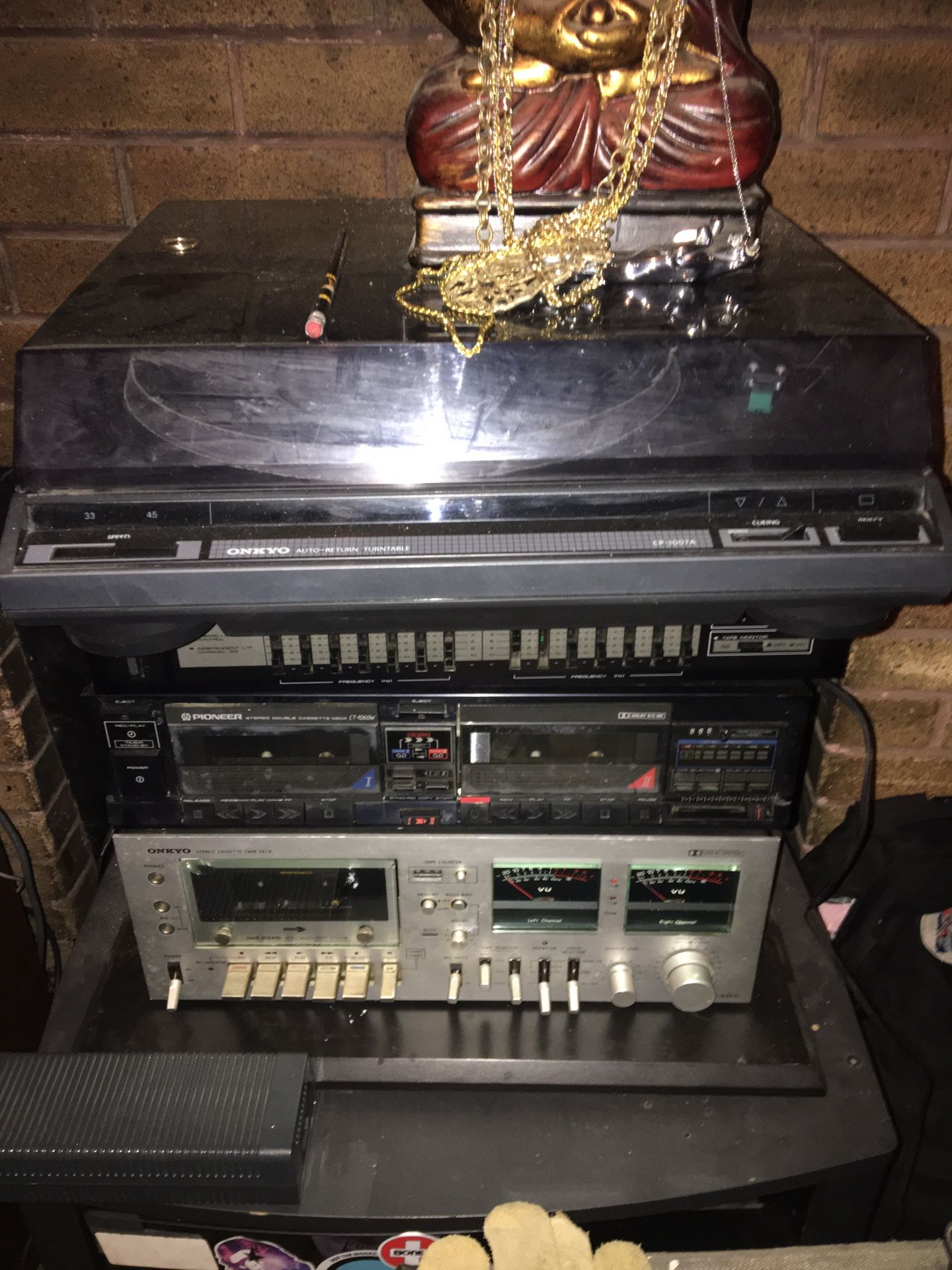 Onkyo tape player, Onkyo turn table, pioneer two player and equalizer I sold separately or in pick and choose