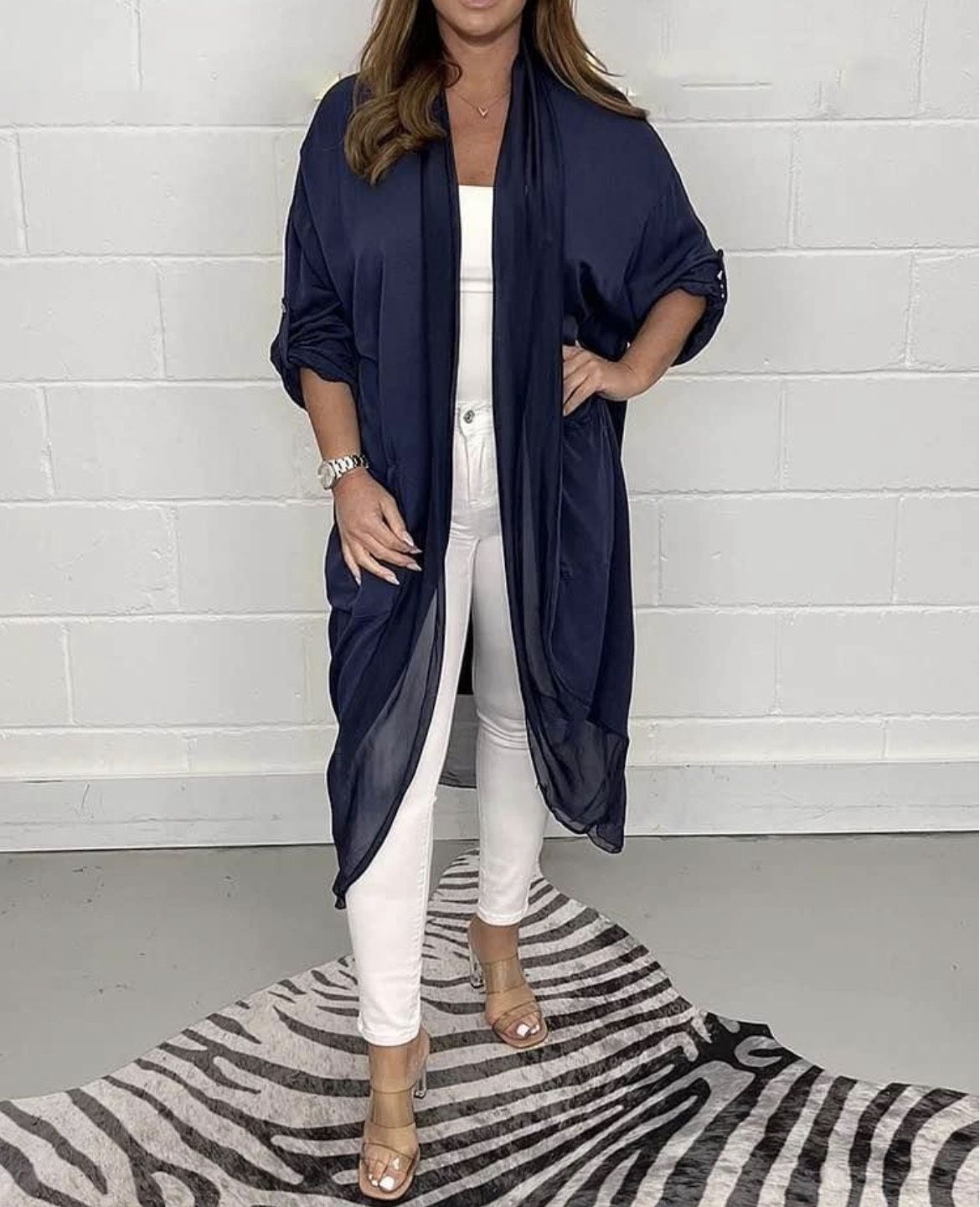 Silky Lightweight Loose V-neck Cardigan with Sheer Accents, Navy, 2X (14/16), NEW
