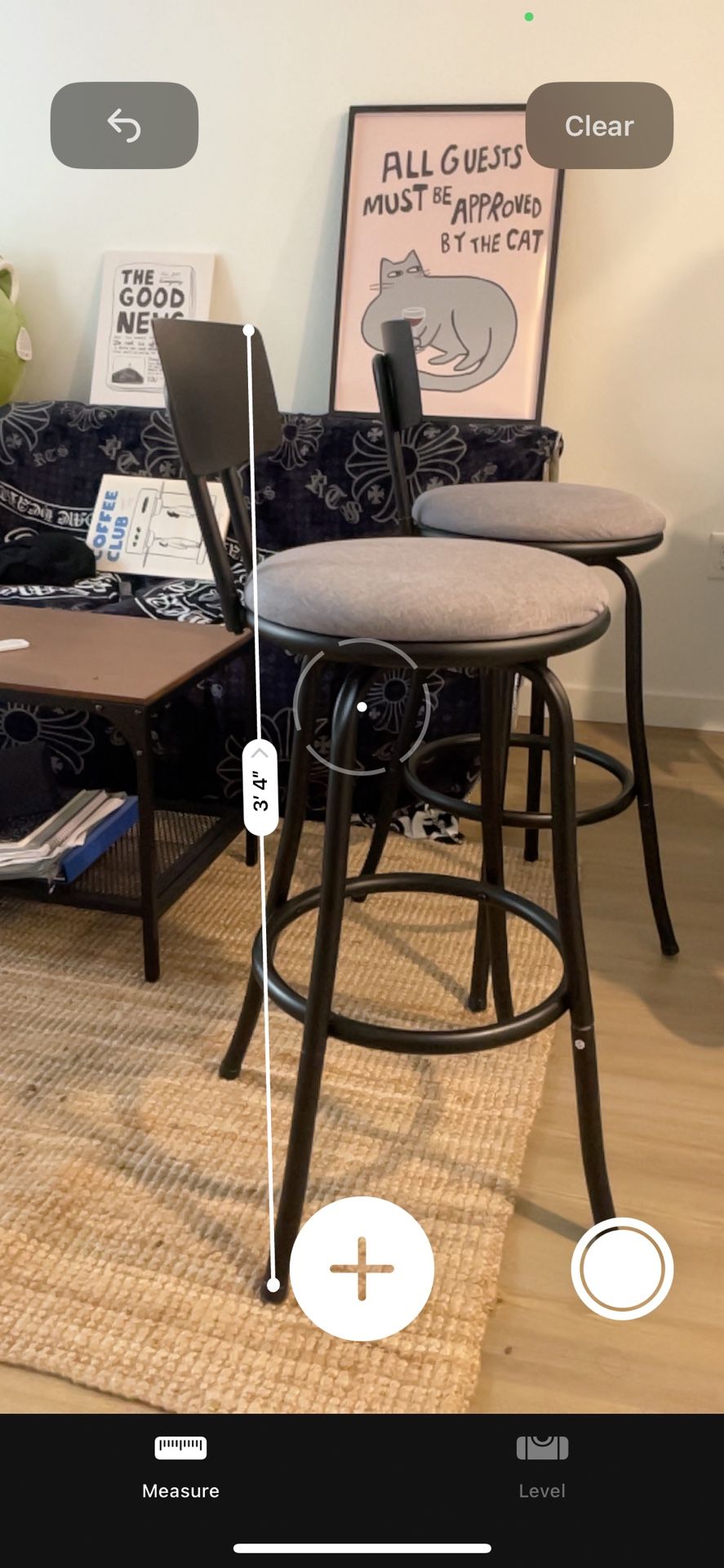 2 Modern Barstools – Black Metal Frame with Gray Cushions (DOES NOT COME WITH CAT)