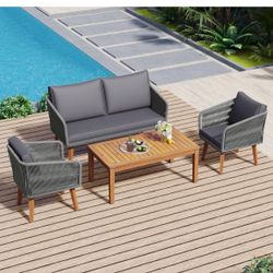 6-Piece Acacia Wood Frame Sectional Sofa, L Shaped Couch & Chair with Coffee Table-Brand new In Box