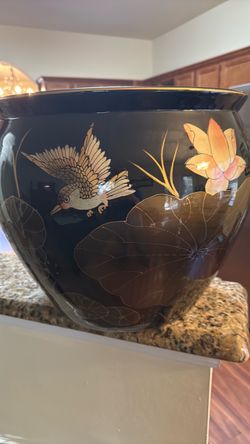 Large Black Ceramic Planter with Bird and Lotus Design