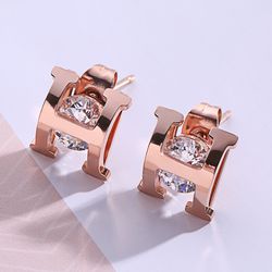 Fashion Letter H design Titanium Rose Gold Surrounded by diamonds Stud Earrings