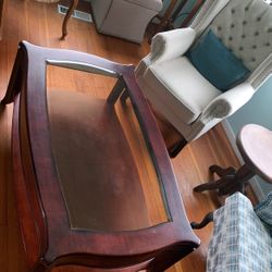 Gorgeous Dark Cherry Coffee Table With Shelf And Glass Top