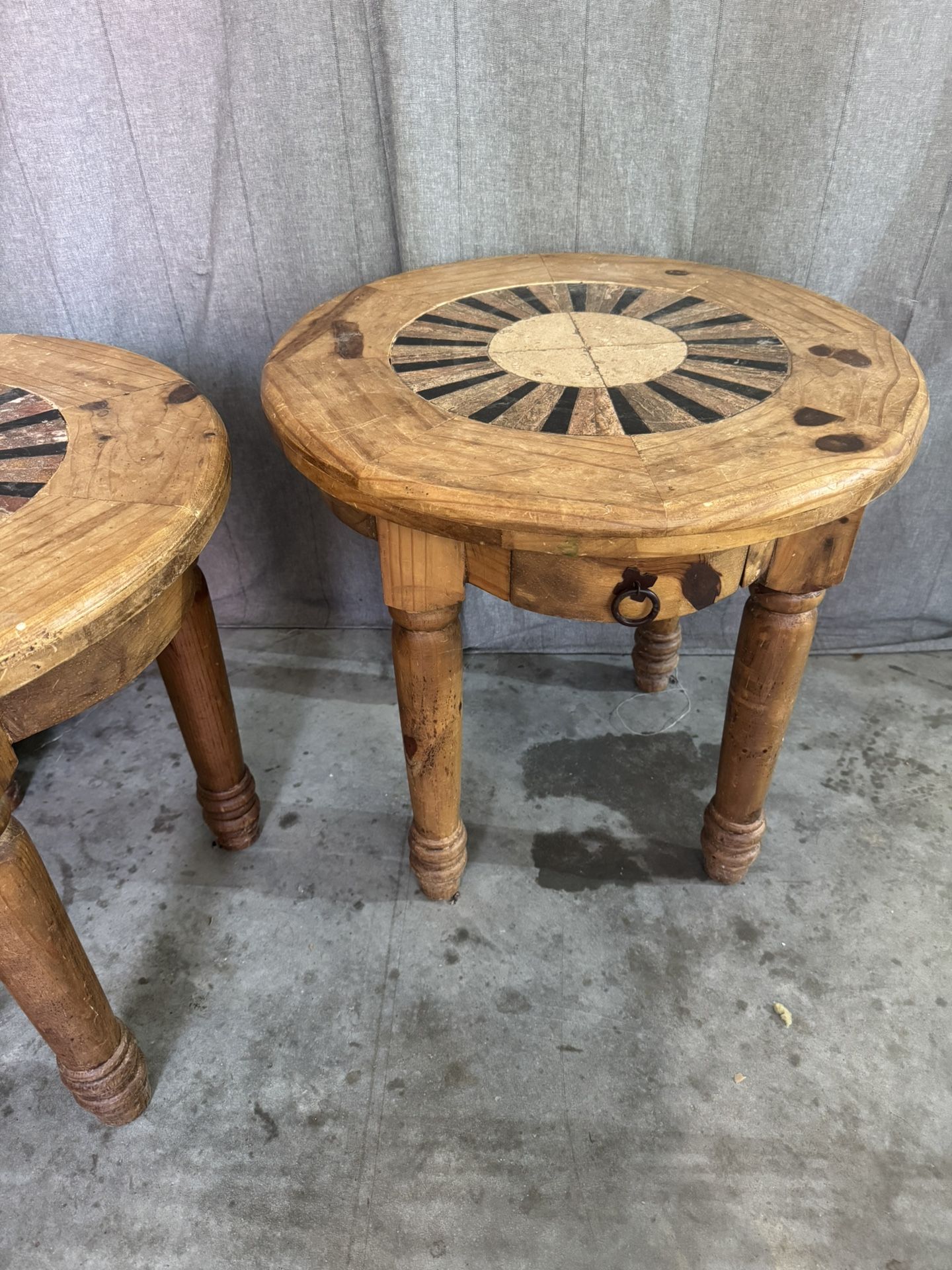 Pair of western rustic round side tables with stone inlay