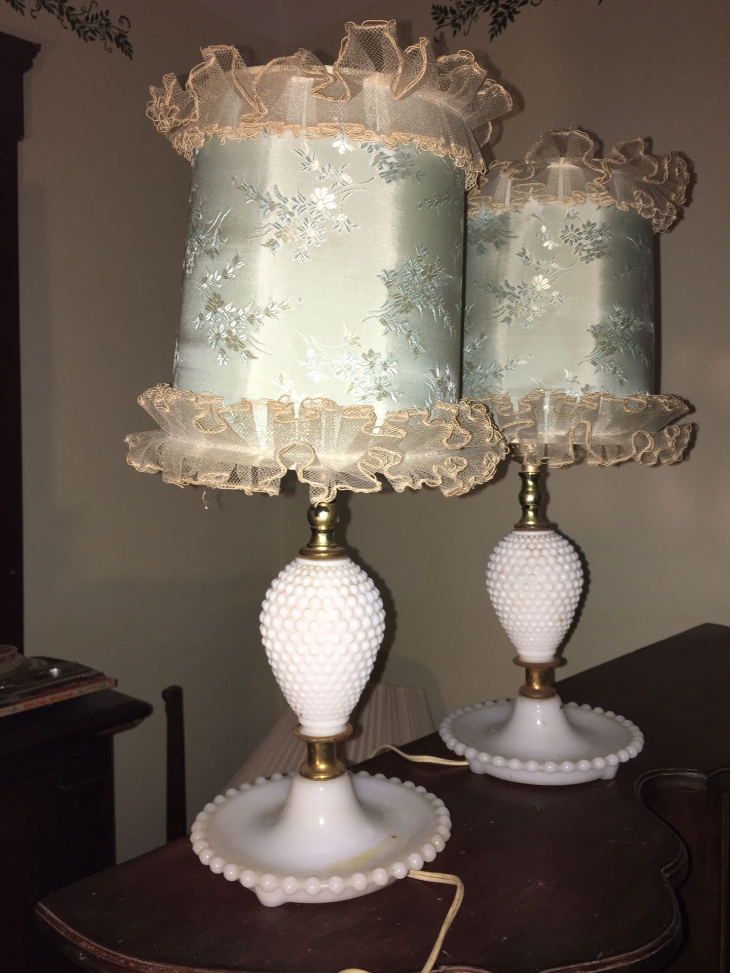 Pair Vintage Milkglass Hobnail Lamps