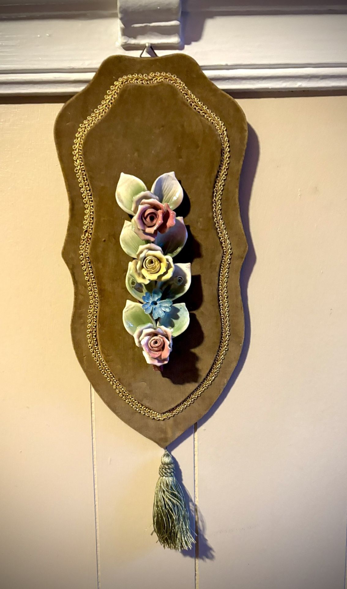 Vintage Capodimonte 3D Floral Porcelain Velvet Wall Plaque - Made in Italy