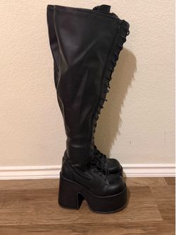DEMONIA CAMEL-300WC Women's 5" Chunky Heel Platform Wide Calf Thigh-High Boots