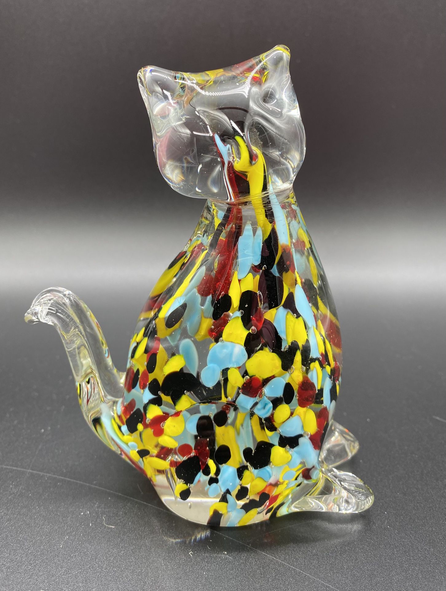 Art Glass Cat Figurine with Colorful Confetti In Clear Glass