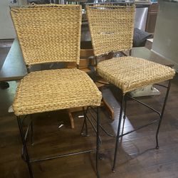 Bamboo, Ratan Wicker Bar Height Stool Chairs