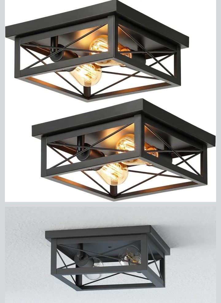 2-Light Industrial Square Flush Mount Ceiling Light, Farmhouse Ceiling Light Fixture for Kitchen