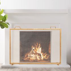 Single Panel Handcrafted Steel Mesh Fireplace Screen w/ Handles - 38x27in