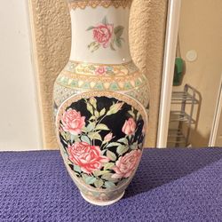 Vintage 1989 Lefton Midnight Cabbage Rose Floral Vase 