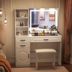 Vanity with Lighted Mirror - 45" Makeup Vanity Desk with Glass Top, Power Strip, Drawers and Shelves, 3 Color Lighting Modes Adjustable Brightness, Va