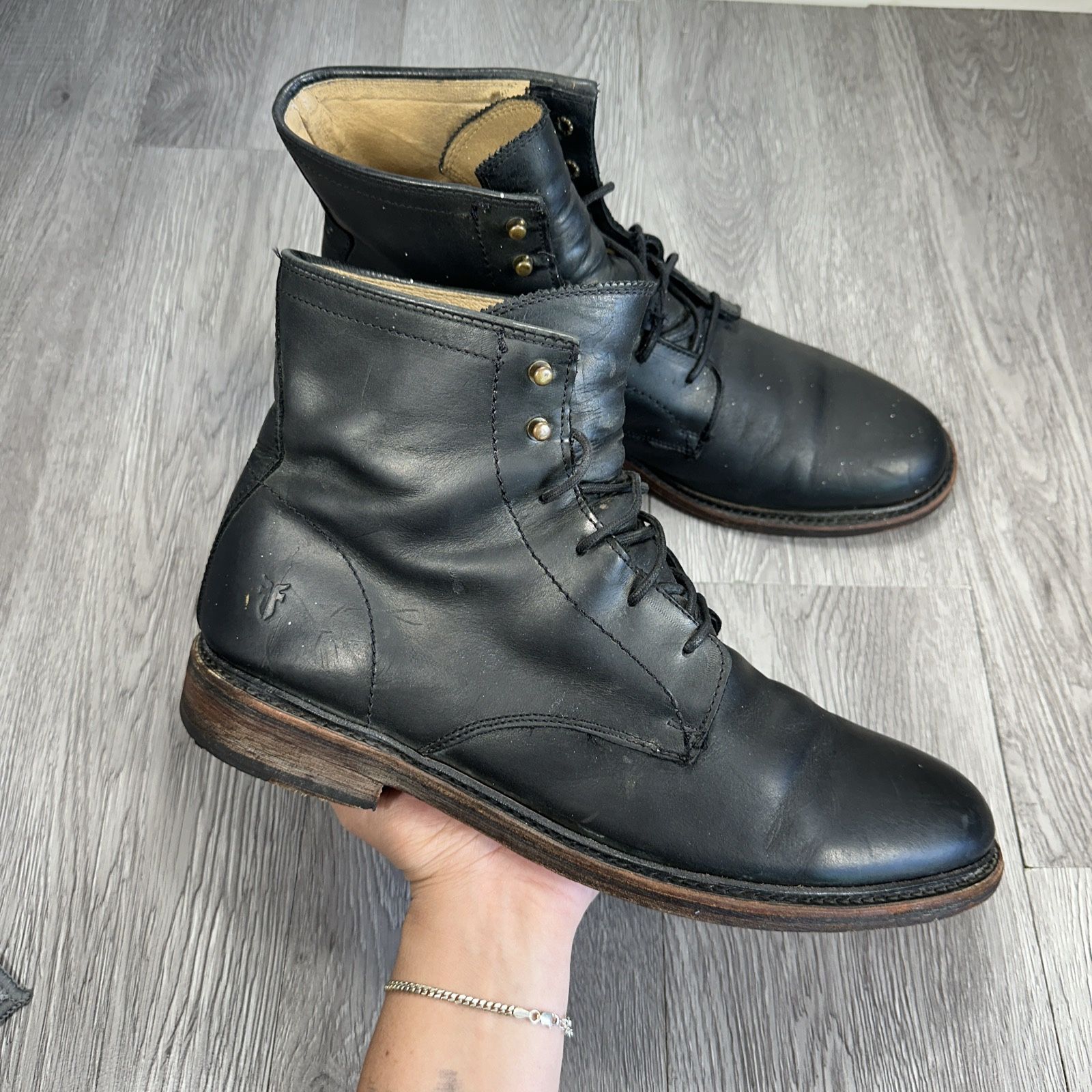 FRYE James Solid Black Leather Lace Up Ankle Boots Men
