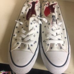 Converse All Star Sneakers - White w/Blue Stars - Women’s Size 8.5