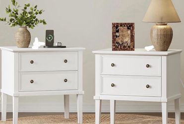 Solid Wood Nightstands Set of 2, Farmhouse Style End Table with 2 Large Drawers, Wood Side Table ,White