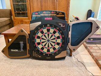 GLD Solar Blast Electronic Dartboard Cabinet w/ Tracer Doors – 25+ Games – Works Perfect