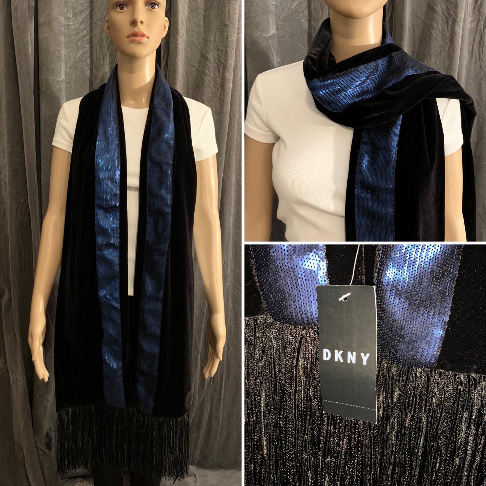 DKNY Velvet Sequined Stripe Fringe Scarf