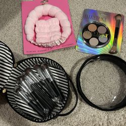 Travel make up case with new brushes, new highlighter and skin care headband