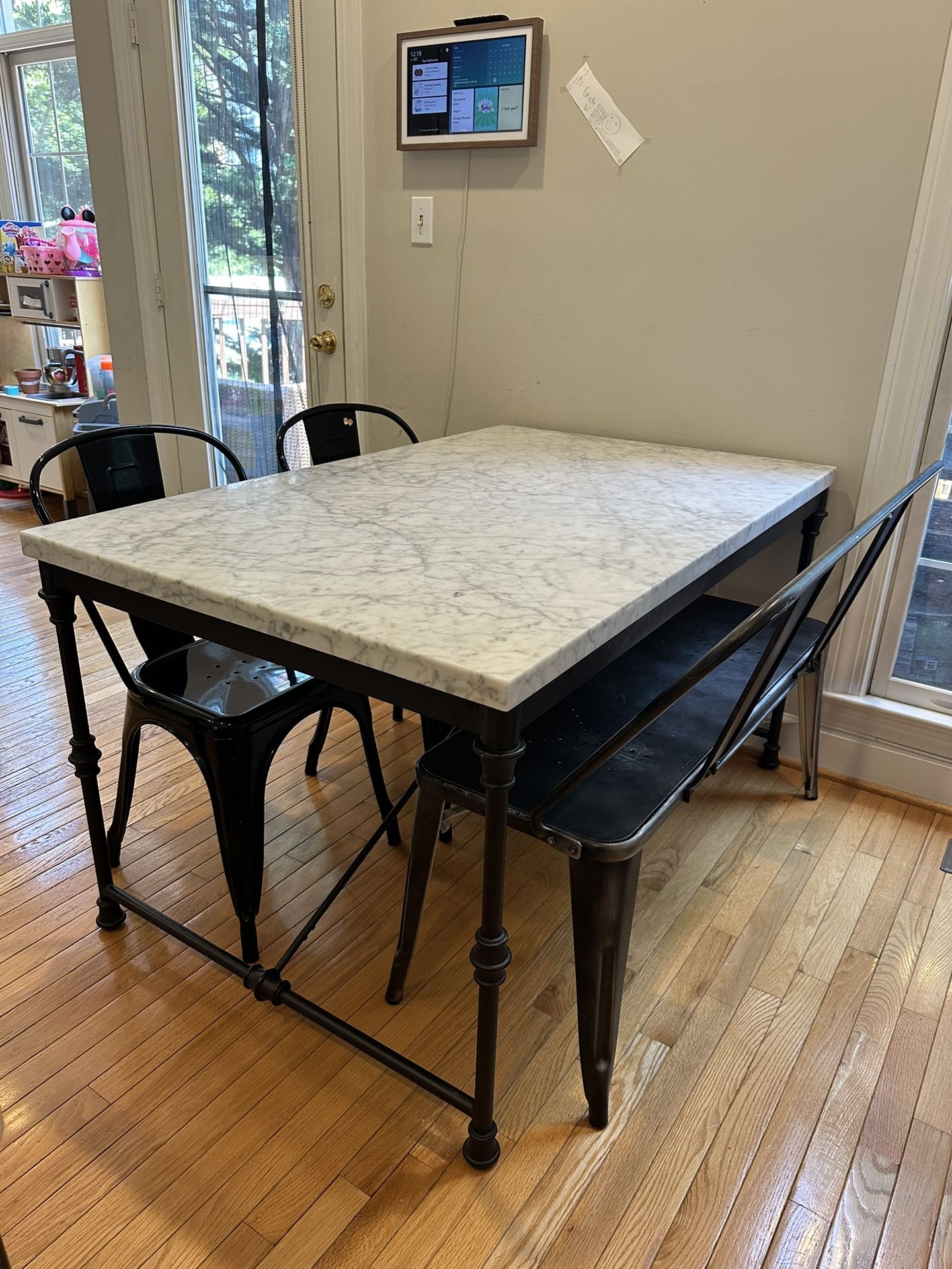 Crate & Barrel - French Kitchen Marble Top Dining Table - dining chairs and bench included!