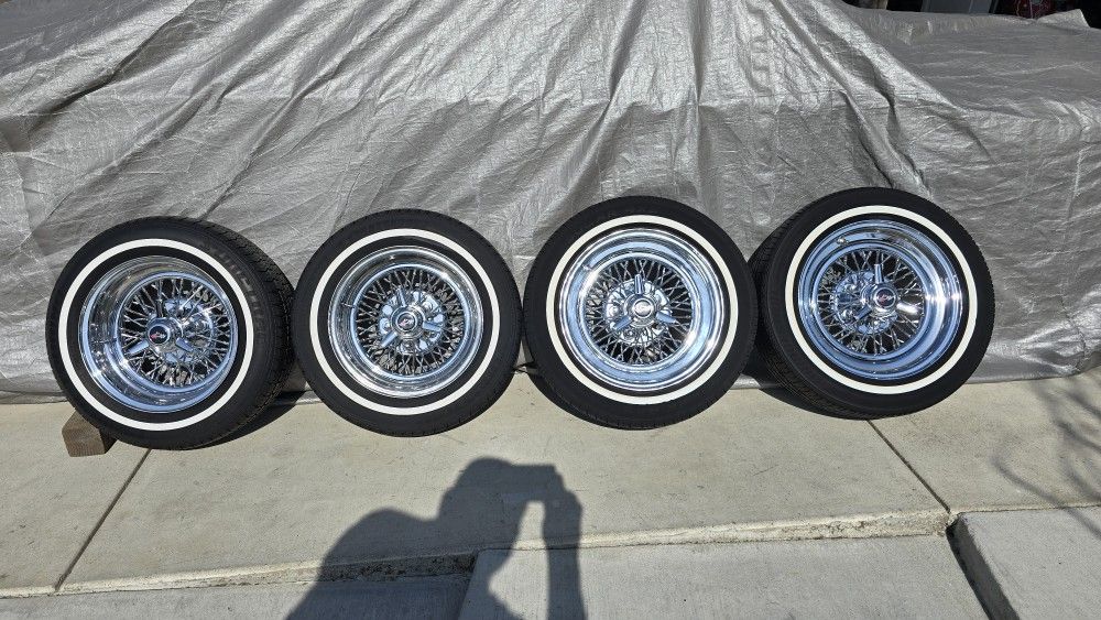 Lowrider Wire Spoke Wheels TRU WIRE WHEELS MADE BY TRUE SPOKES white Wall Tires 5 Lug Chevy $trade Daytons Zenith Cragar Supreme Roadster Starwire Cla