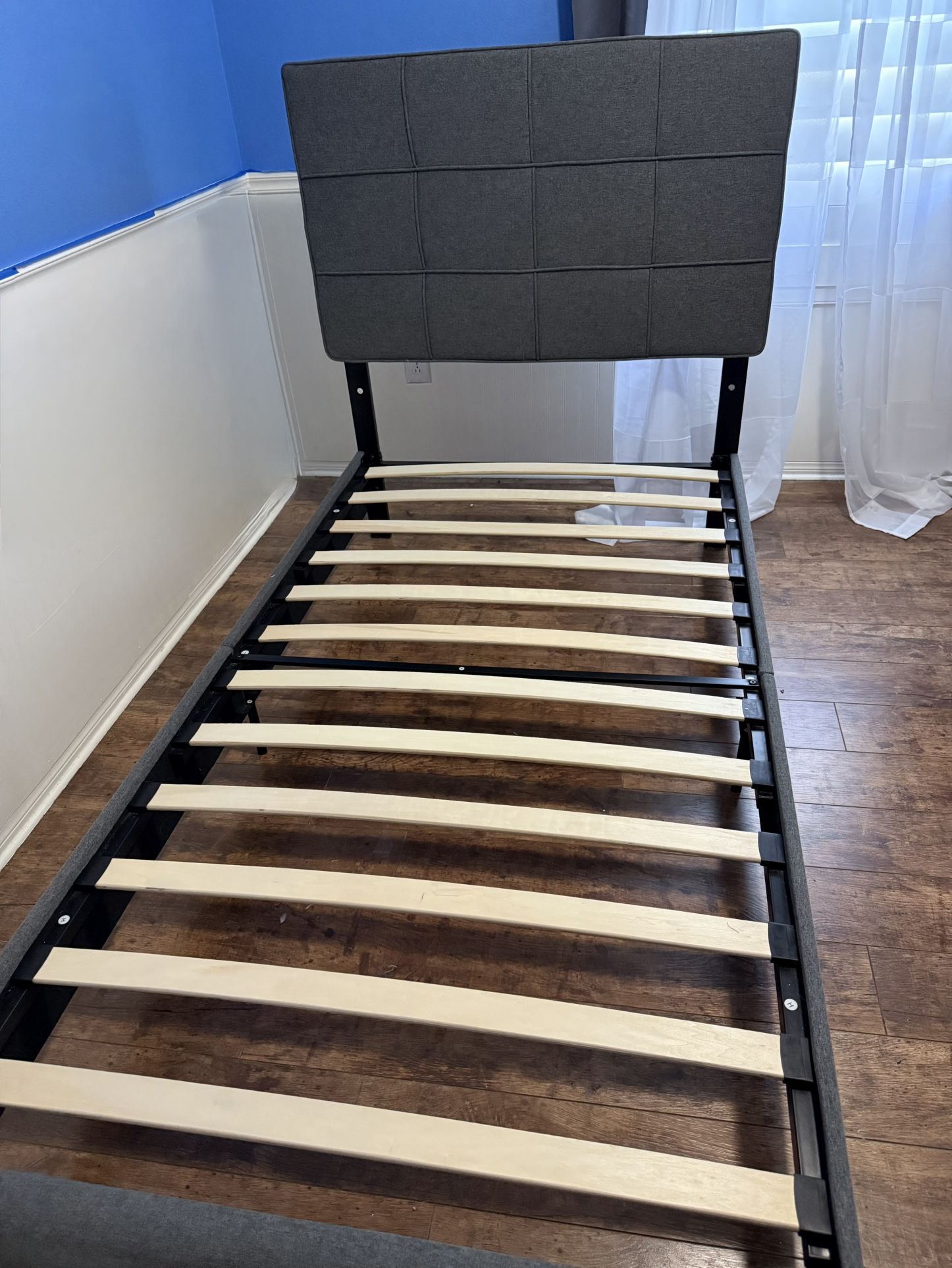 Twin Upholstered Grey Bed Frame With Headboard