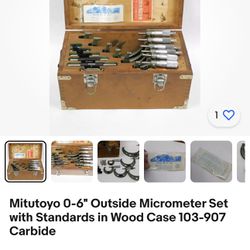 Mitutoyo 0-6" Outside Micrometer Set with Standards in Wood Case 103-907 Carbide Tip. 