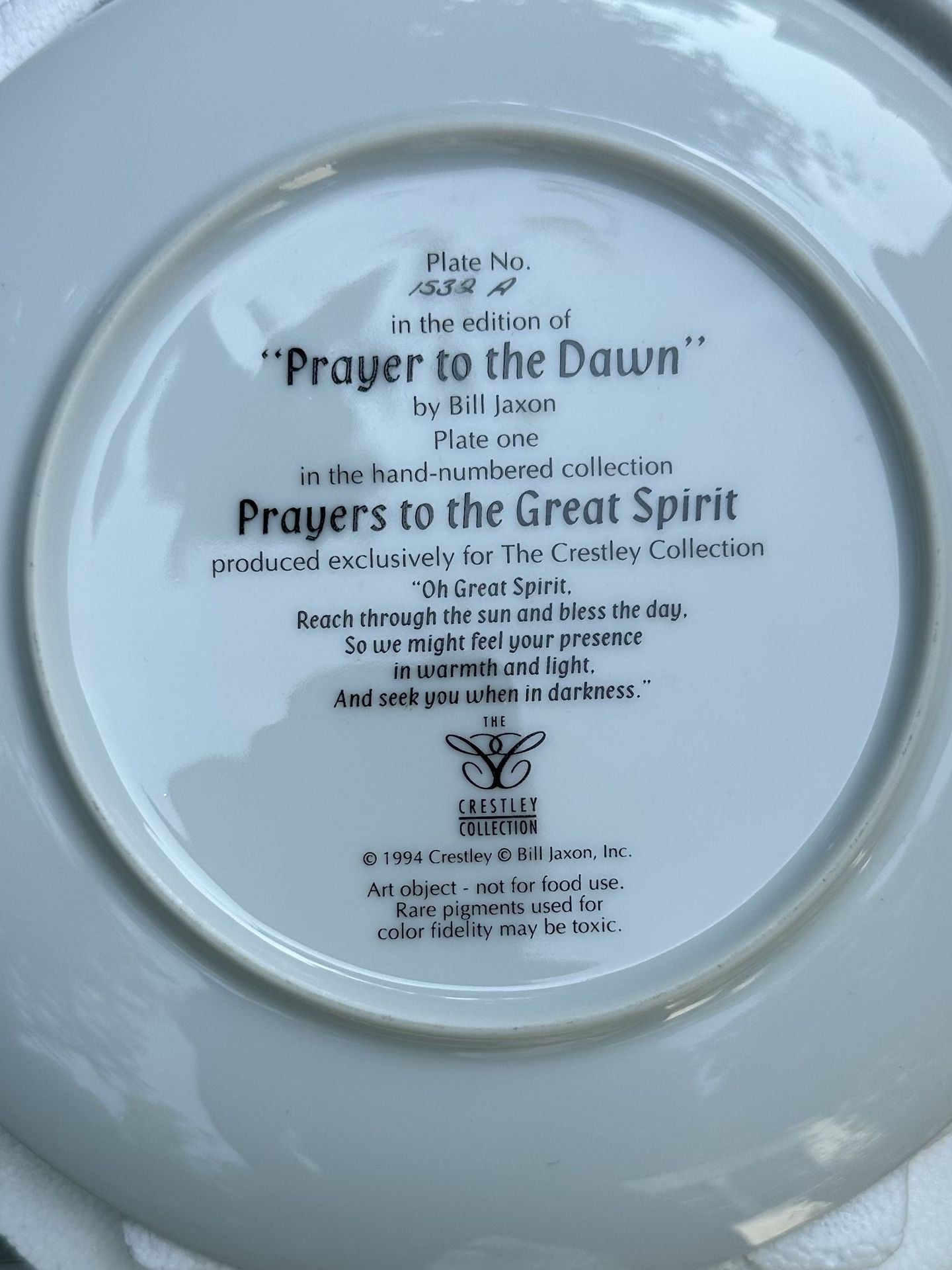 1994 Crestley Collection Plate. Indian/buffalo. New. Prayers To The great spirit.