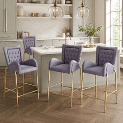 Set of 4 Gray Velvet Bar Stools with Gold Legs / Tufted Back Counter Chairs