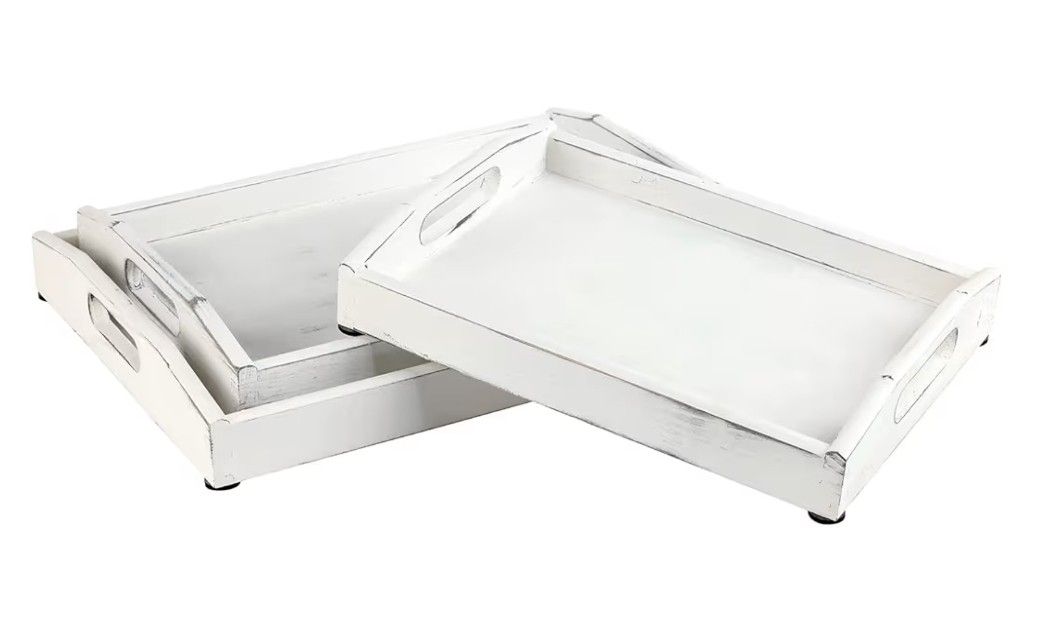 MyGift Vintage Rustic Whitewashed Wood Nesting Serving Trays/Decorative Ottoman Trays with Oval Cutout Handles, Set of 3