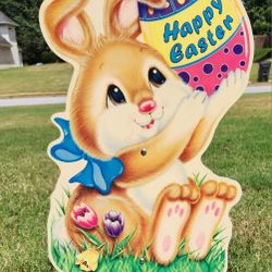Vintage 1999 Easter Egg Bunny Yard Art 26" (34" w/ stick) Sign Holiday Decor Impact Plastics