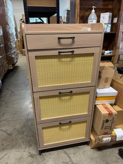 Rattan Shoe Storage Cabinet with 3 Flip Drawers and 1 Drawer, Narrow Freestanding Shoe Cabinet for Entryway, Slim Hidden Shoe Organizer Cabinet with M