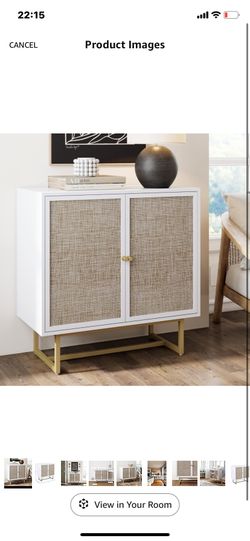 Nathan James Accent Boho Modern Free Standing Buffet Sideboard Hallway, Entryway, Dining Living Room, 1 Storage Cabinet, Kova - White/Cane/Brass