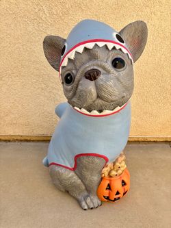 2026 Home Depot 2.5 Ft Gray Frenchie in Shark Costume Halloween Dog Blow Mold