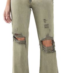 VERVET, Super High Rise Criss Cross Waistband Crop Straight Jeans, Olive