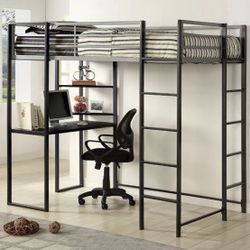 Black Loft bunk bed With Desk And Bulletin Board Included Metal Frame